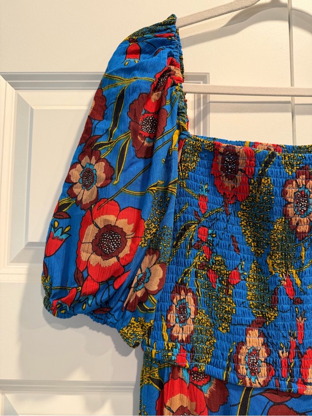 Band of Gypsies Blue Floral Smocked Puff Sleeve Dress Top with Poppy Design
